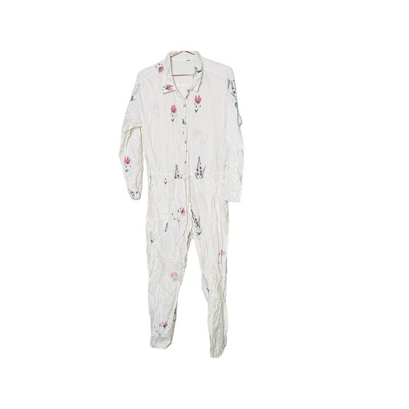 SPLENDID White Bloom Speckled Tie Waist Oversized Button Front Jumpsuit Size L - Picture 4 of 11
